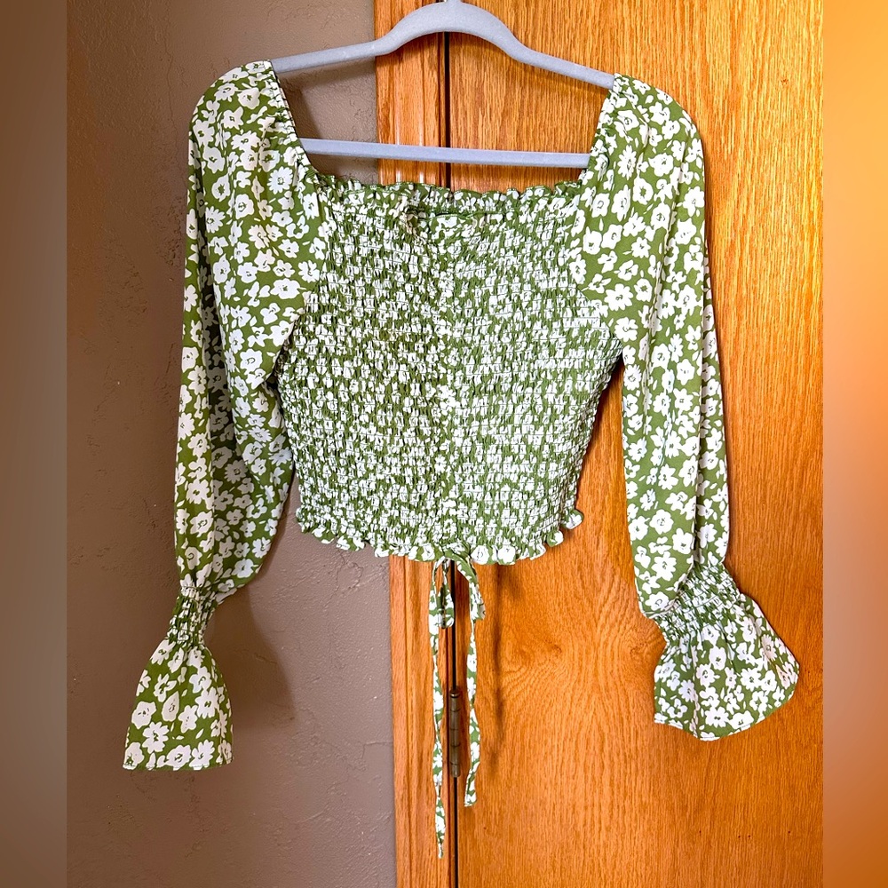 Green Smocked Squareneck Floral Top